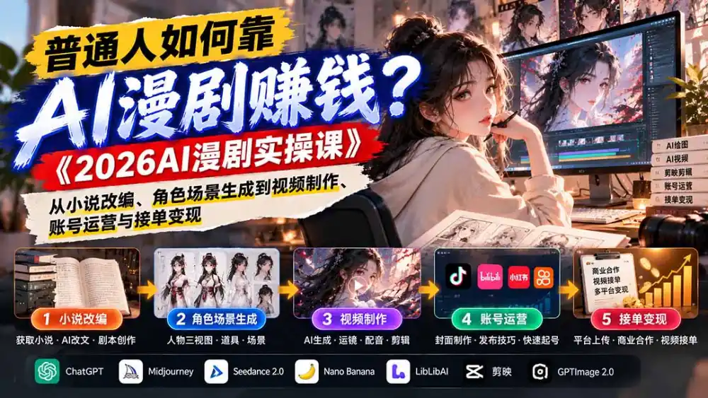 普通人如何靠AI漫剧赚钱?《2026AI漫剧实操课》从小说改编、角色场景生成到视频制作、账号运营与接单变现-云网创