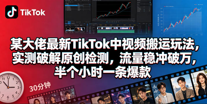 某大佬最新TikTok中视频搬运玩法，实测破解原创检测，流量稳冲破万，半个小时一条爆款-云网创