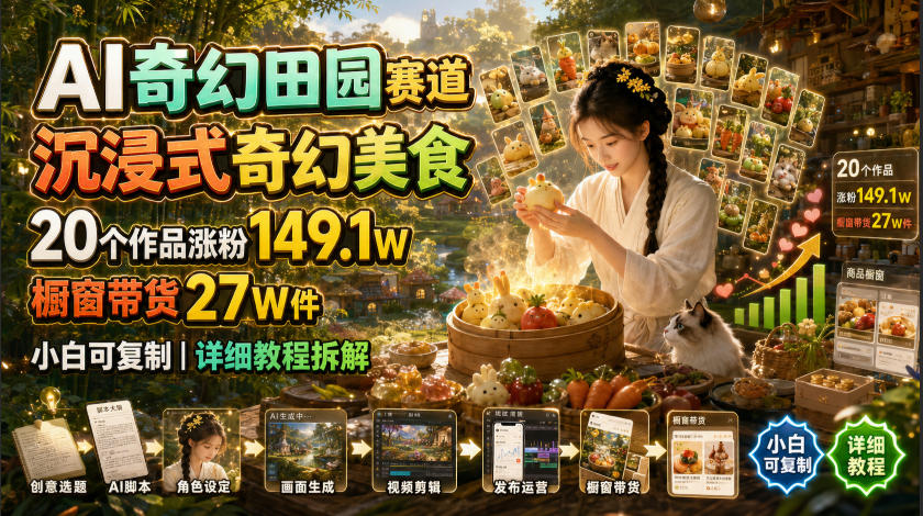 AI奇幻田园赛道，沉浸式奇幻美食，20个作品涨粉149.1W，橱窗带货27W件，小白可复制，详细教程拆解-云网创