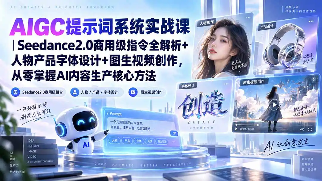 AIGC提示词系统实战课-无水印｜Seedance2.0商用级指令全解析+人物产品字体设计+图生视频创作，掌握AI内容生产方法-云网创