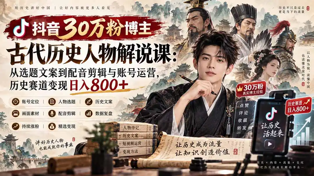 抖音30万粉博主古代历史人物解说课:从选题文案到配音剪辑与账号运营,历史赛道变现日入800+-云网创