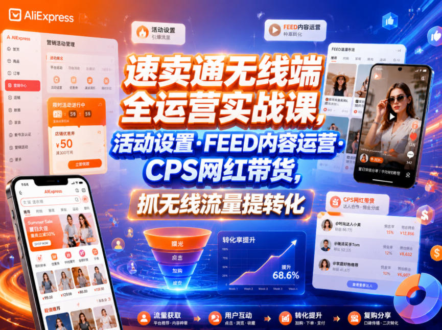 速卖通无线端全运营实战课，活动设置・FEED内容运营・CPS网红带货，抓无线流量提转化-云网创