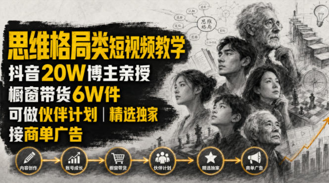 人性思维格局类短视频教学,抖音20W博主亲授,橱窗带货6W件,可做伙伴计划、精选独家、接商单广告-云网创
