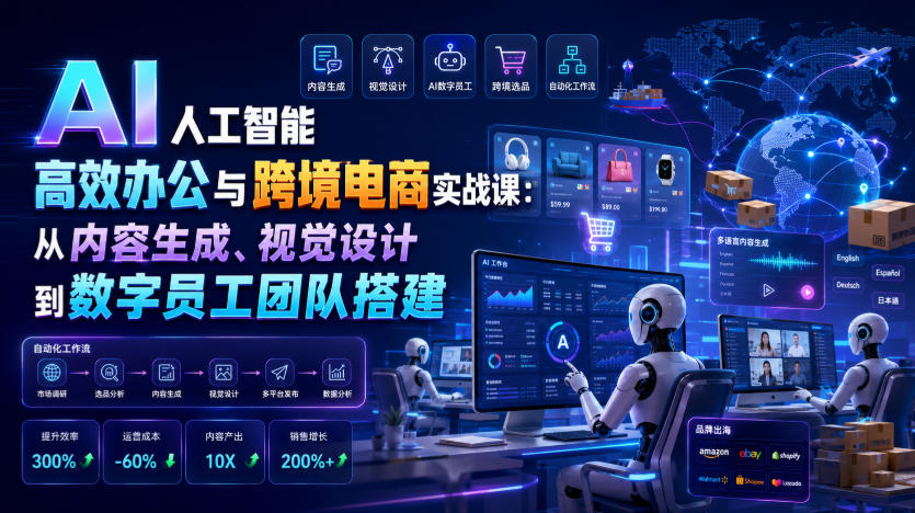 AI人工智能高效办公与跨境电商实战课：从内容生成、视觉设计到数字员工团队搭建-云网创