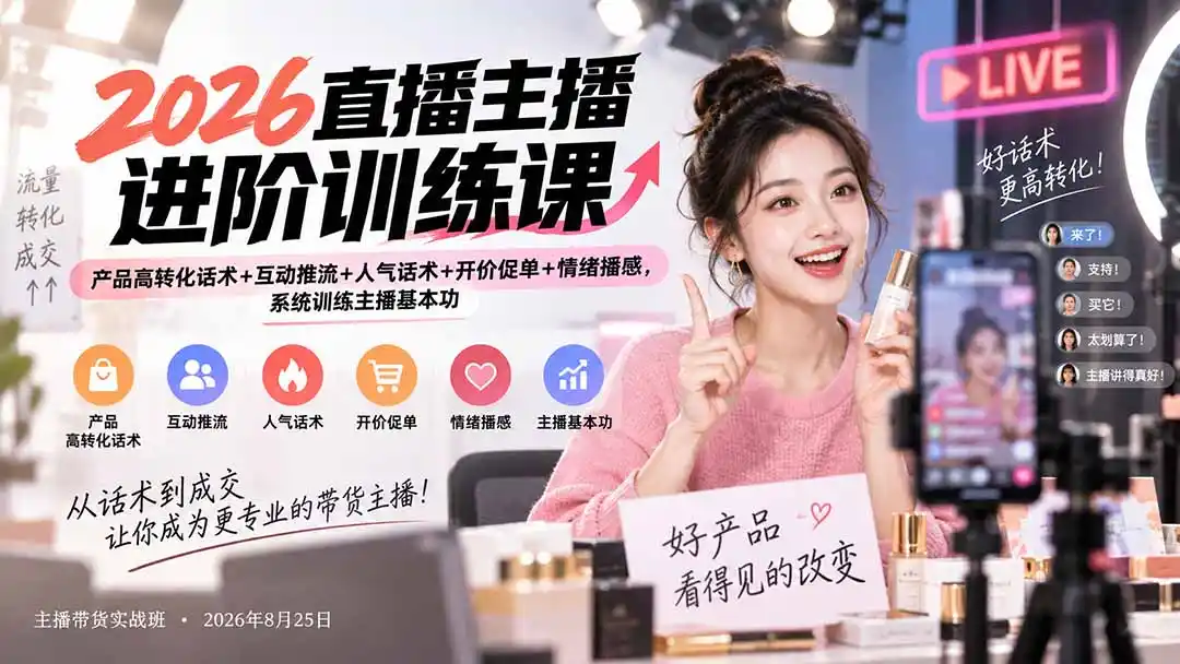 2026直播主播进阶训练课:产品高转化话术+互动推流+人气话术+开价促单+情绪播感,系统训练主播基本功-云网创