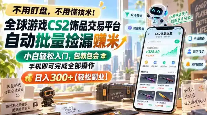 全球游戏CS2饰品交易平台自动批量捡漏賺米，小白轻松入门，包教包会，手机即可完成全部操作，日入300+【揭秘】-云网创