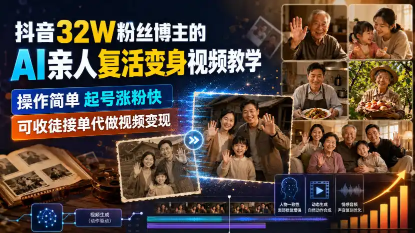 抖音32W粉丝博主的AI亲人复活变身视频教学,操作简单,起号涨粉快,可收徒接单代做视频变现-云网创