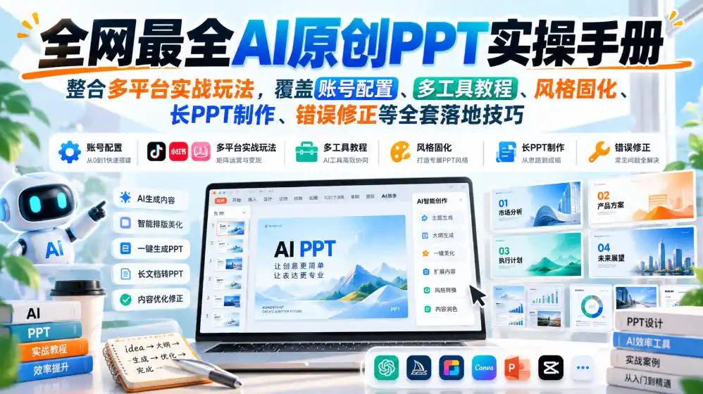 全网最全AI原创PPT实操手册,整合多平台实战玩法,覆盖账号配置、多工具教程、风格固化、长PPT制作、错误修正等全套落地技巧-云网创
