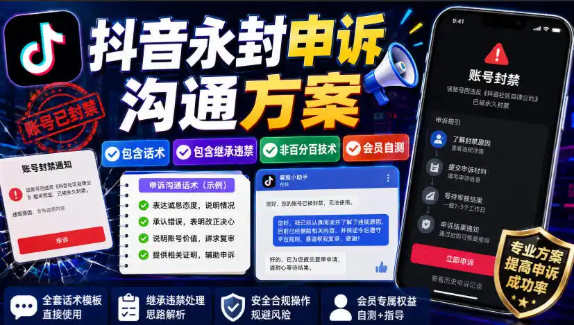 抖音永封申诉沟通方案,包含话术,包含继承违禁,非百分百技术,会员自测-云网创