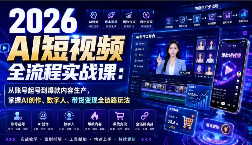 2026 AI短视频全流程实战课：从账号起号到爆款内容生产，掌握AI创作、数字人、带货变现全链路玩法-云网创