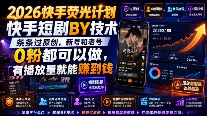 2026快手荧光计划，快手短剧搬运技术，条条过原创，新号和老号0粉都可以做，有播放量就能賺到钱-云网创