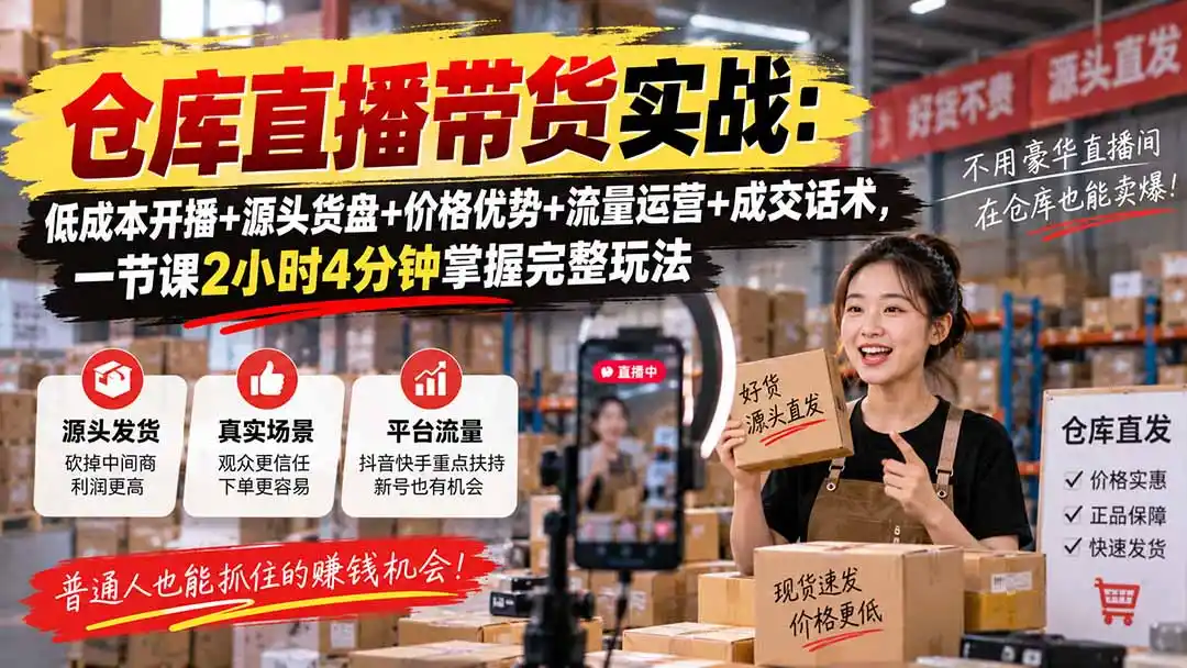 仓库直播带货实战：低成本开播+源头货盘+价格优势+流量运营+成交话术，一节课2小时4分钟掌握完整玩法-云网创