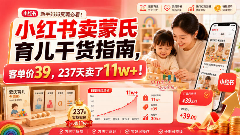小红书卖蒙氏育儿干货指南，客单价39，237天卖了11w+！-云网创