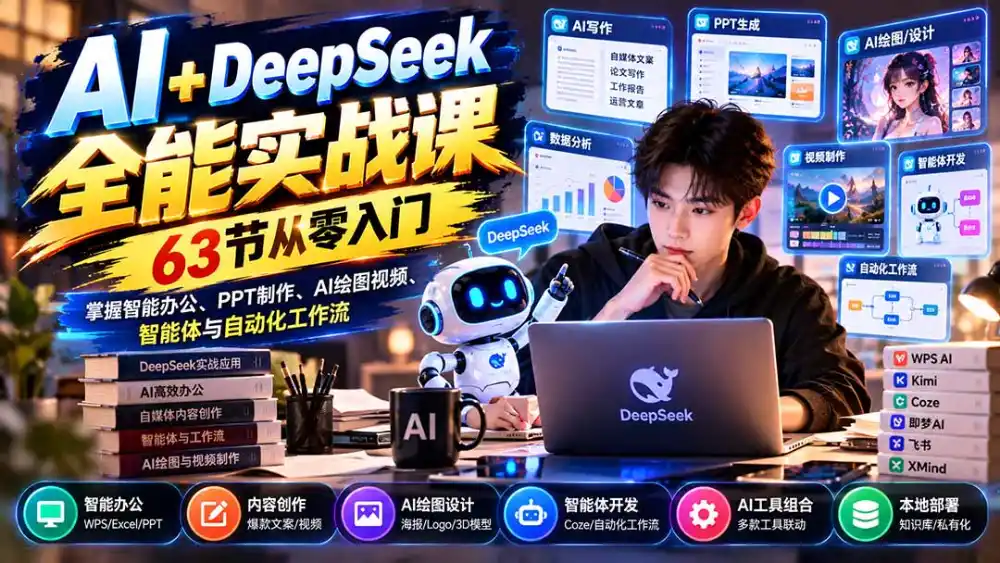 AI+DeepSeek全能实战课：63节从零入门，掌握智能办公、PPT制作、AI绘图视频、智能体与自动化工作流-云网创