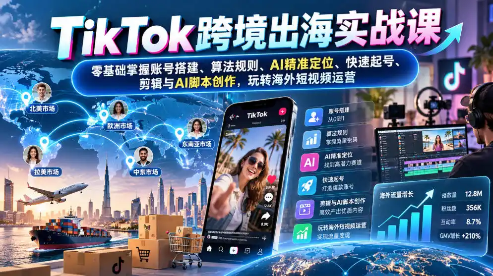 TikTok跨境出海实战课：零基础掌握账号搭建、算法规则、AI精准定位、快速起号、剪辑与AI脚本创作，玩转海外短视频运营-云网创