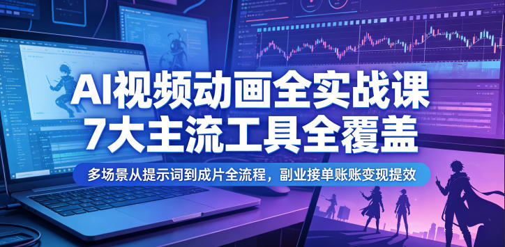 AI视频动画全实战课，7大主流工具全覆盖，多场景从提示词到成片全流程，副业接单账号变现提效-云网创