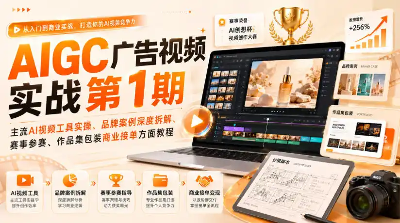 AIGC广告视频实战第1期,主流AI视频工具实操、品牌案例深度拆解、赛事参赛、作品集包装商业接单方面教程-云网创