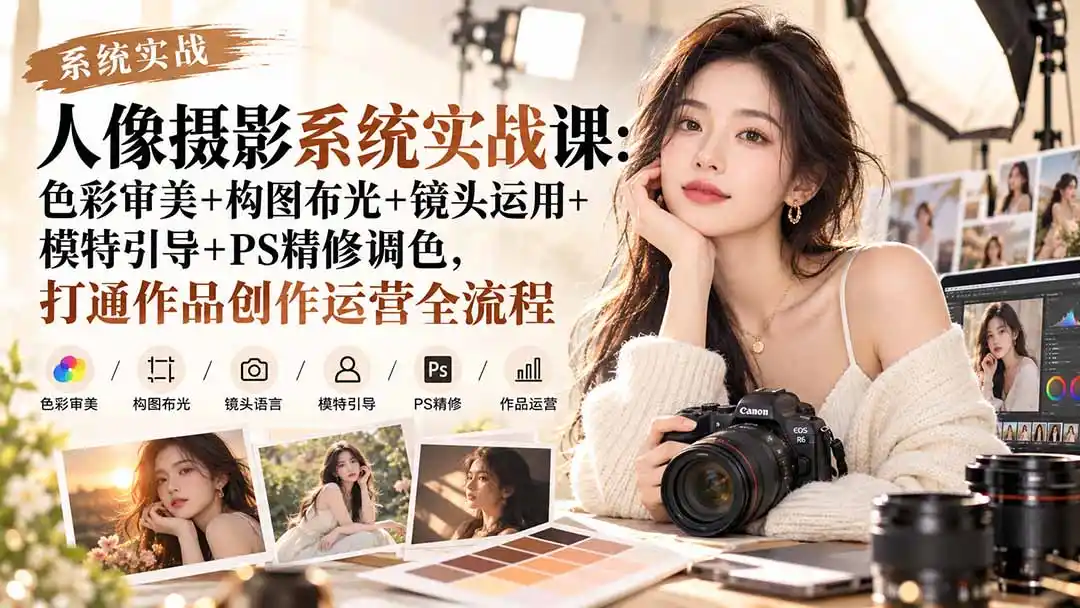 【无水印】人像摄影系统实战课:色彩审美+构图布光+镜头运用+模特引导+PS精修调色,打通作品创作运营全流程-云网创