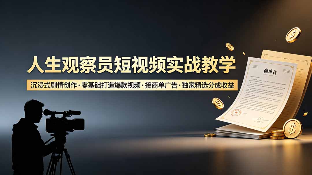 人生观察员短视频实战教学，沉浸式剧情创作，零基础打造爆款视频，接商单广告，独家精选分成收益-云网创