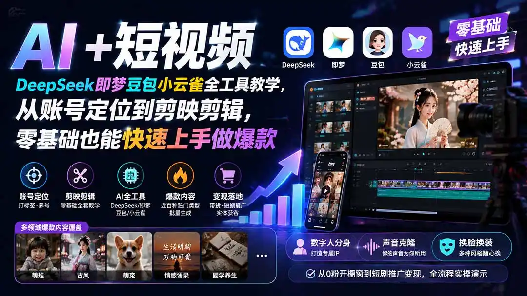 AI+短视频｜DeepSeek即梦豆包小云雀全工具教学，从账号定位到剪映剪辑，零基础也能快速上手做爆款-云网创