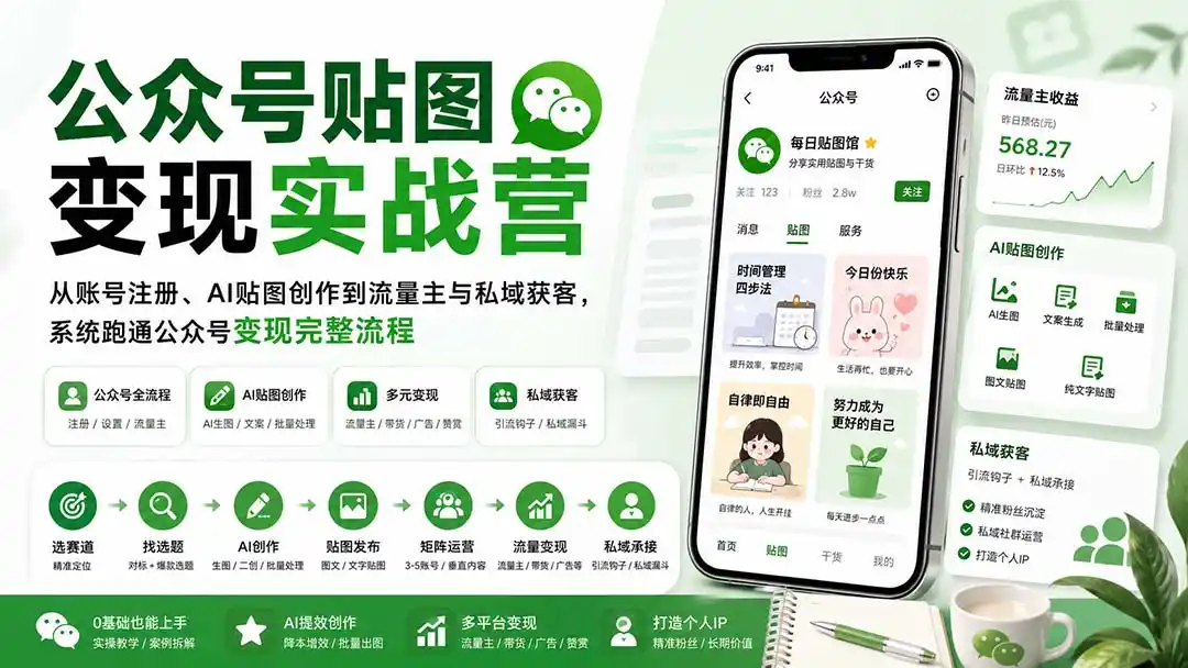 公众号贴图变现实战营：从账号注册、AI贴图创作到流量主与私域获客，系统跑通公众号变现完整流程-云网创