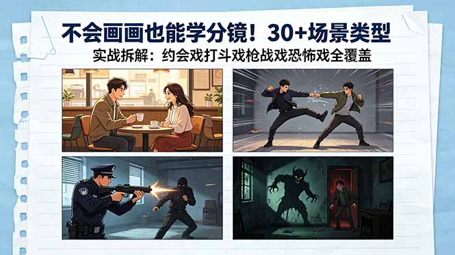 不会画画也能学分镜！30+场景类型实战拆解：约会戏打斗戏枪战戏恐怖戏全覆盖-云网创