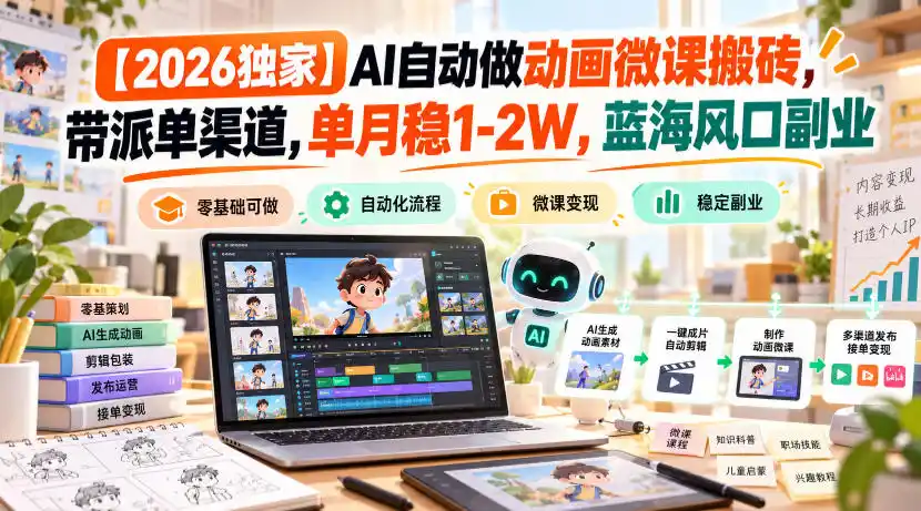 【2026独家】AI自动做动画微课搬砖,带派单渠道,单月稳1-2W,蓝海风口副业【揭秘】-云网创