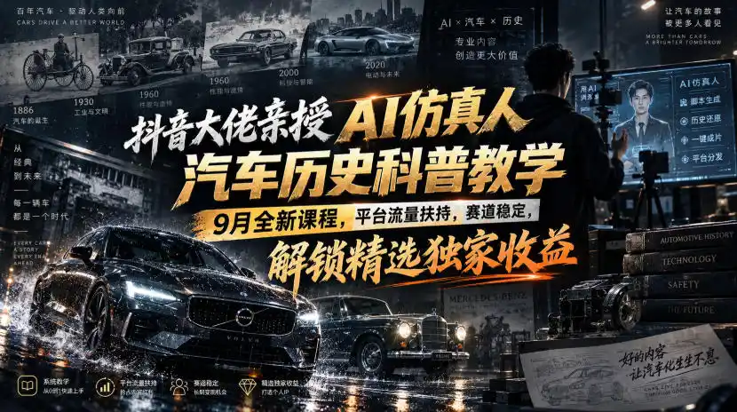 抖音大佬亲授AI仿真人汽车历史科普教学,9月全新课程,平台流量扶持,赛道稳定,解锁精选独家收益-云网创