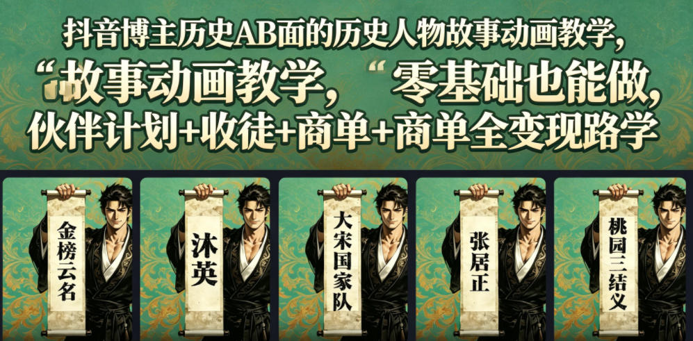 抖音博主历史AB面的历史人物故事动画教学，零基础也能做，伙伴计划+收徒+商单全变现路径教学-云网创