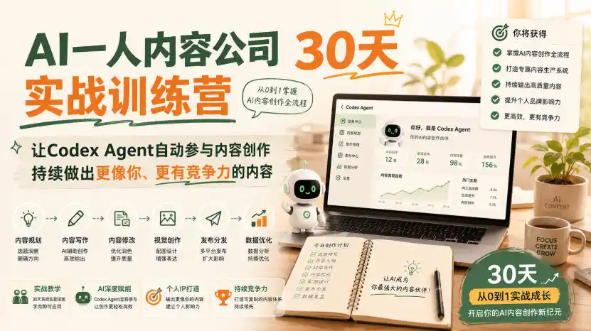 AI一人内容公司30天实战训练营,让Codex Agent自动参与内容创作持续做出更像你、更有竞争力的内容-云网创