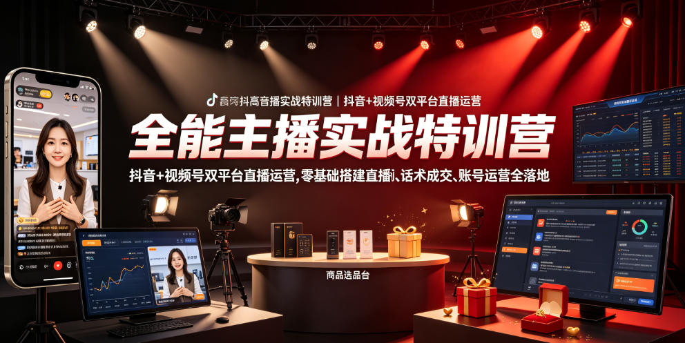 全能主播实战特训营|抖音+视频号双平台直播运营,零基础搭建直播间、精准选品、话术成交、账号运营全落地-云网创