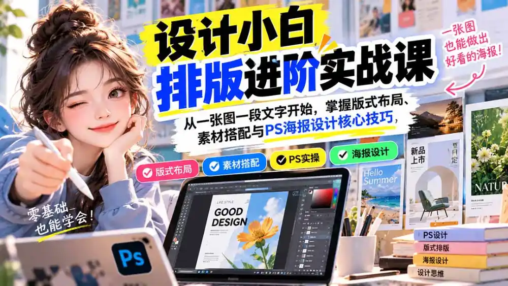 设计小白排版进阶实战课：从一张图一段文字开始，掌握版式布局、素材搭配与PS海报设计核心技巧-云网创