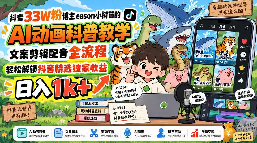 抖音33W粉博主eason小树苗的AI动画科普教学,文案剪辑配音全流程,轻松解锁抖音精选独家收益,日入1k+-云网创