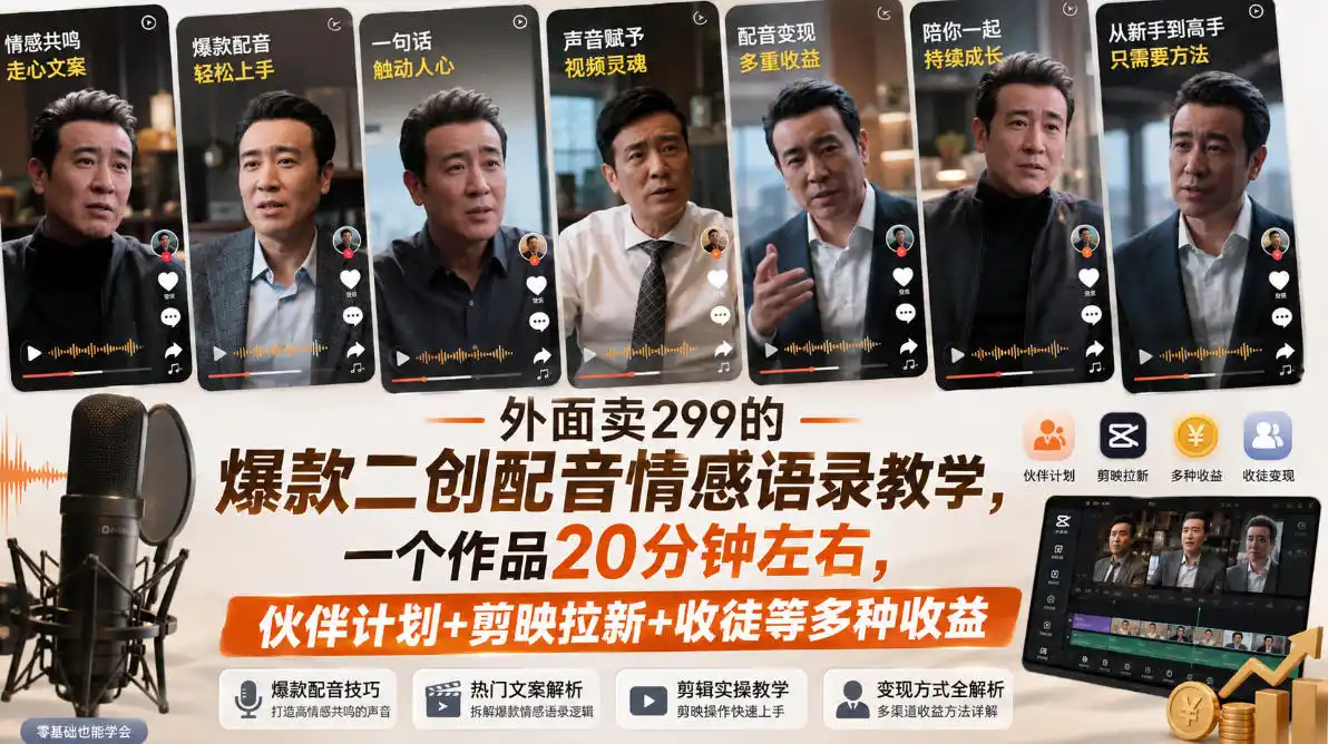 外面卖299的爆款二创配音情感语录教学,一个作品20分钟左右,伙伴计划+剪映拉新+收徒等多种收益-云网创