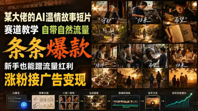 某大佬的AI温情故事短片赛道教学,自带自然流量,条条爆款,新手也能蹭流量红利,涨粉接广告变现-云网创