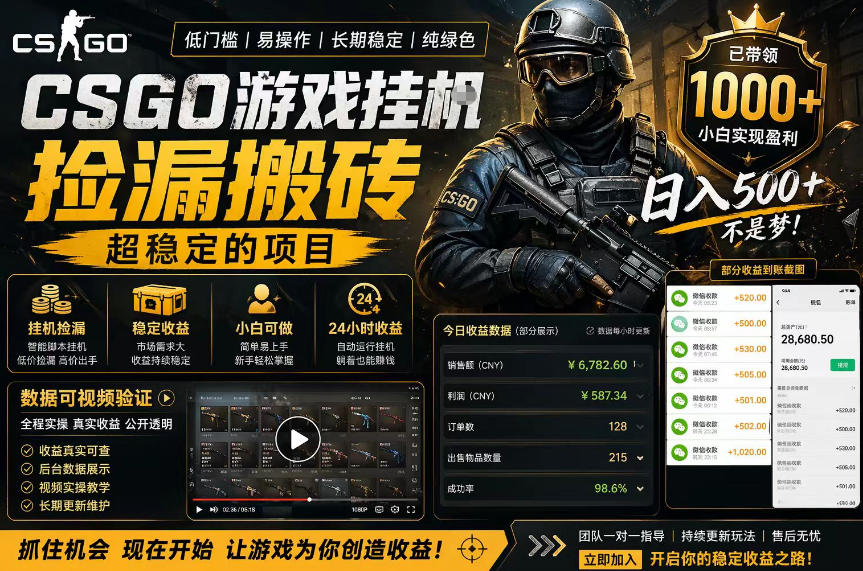 CSGO游戏搬砖，全自动挂G，不需要玩游戏，手机操作日入300+，解放双手【揭秘】-云网创