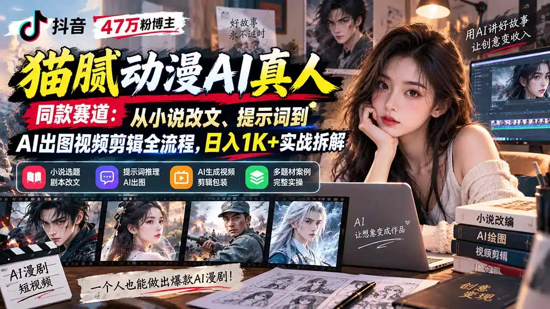 抖音47万粉博主猫腻动漫AI真人同款赛道:从小说改文、提示词到AI出图视频剪辑全流程,日入1K+实战拆解-云网创