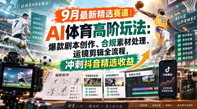 某大佬的9月最新精选赛道之AI体育顶级玩法,爆款剧本创作、版权规避、运镜剪辑全流程,稳拿抖音精选收益-云网创