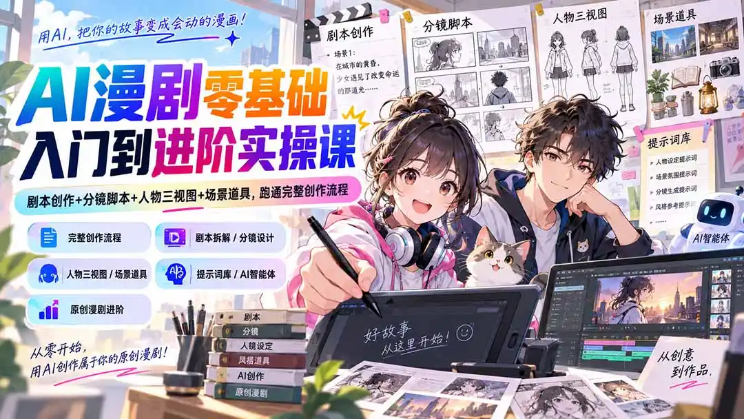 AI漫剧零基础入门到进阶实操课:剧本创作+分镜脚本+人物三视图+场景道具,跑通完整创作流程-云网创