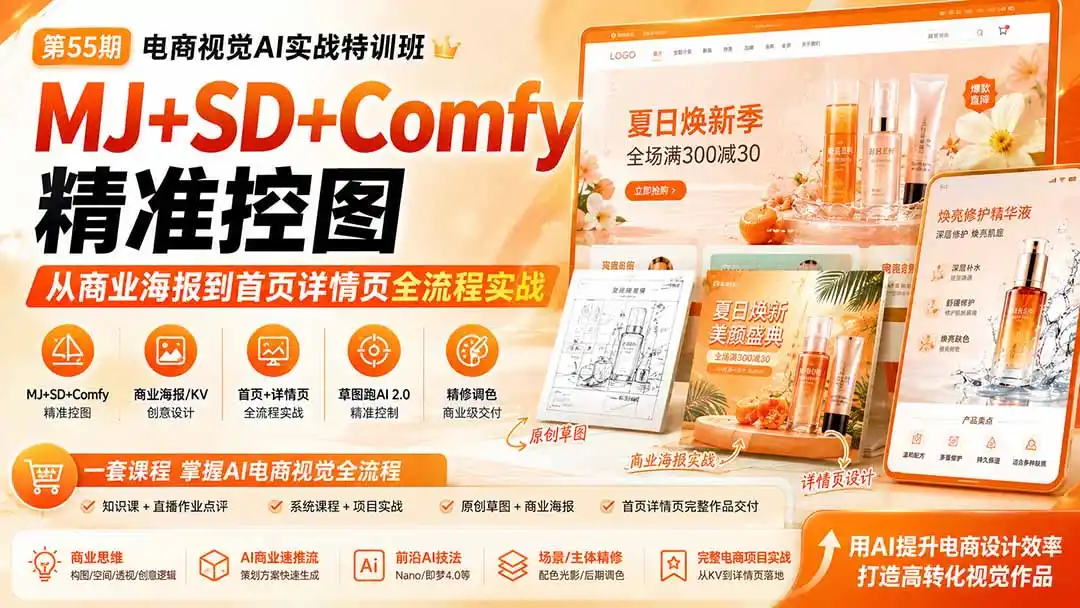 电商视觉 AI实战训练营第55期:MJ+SD+Comfy精准控图,从商业海报到首页详情页全流程实战-云网创