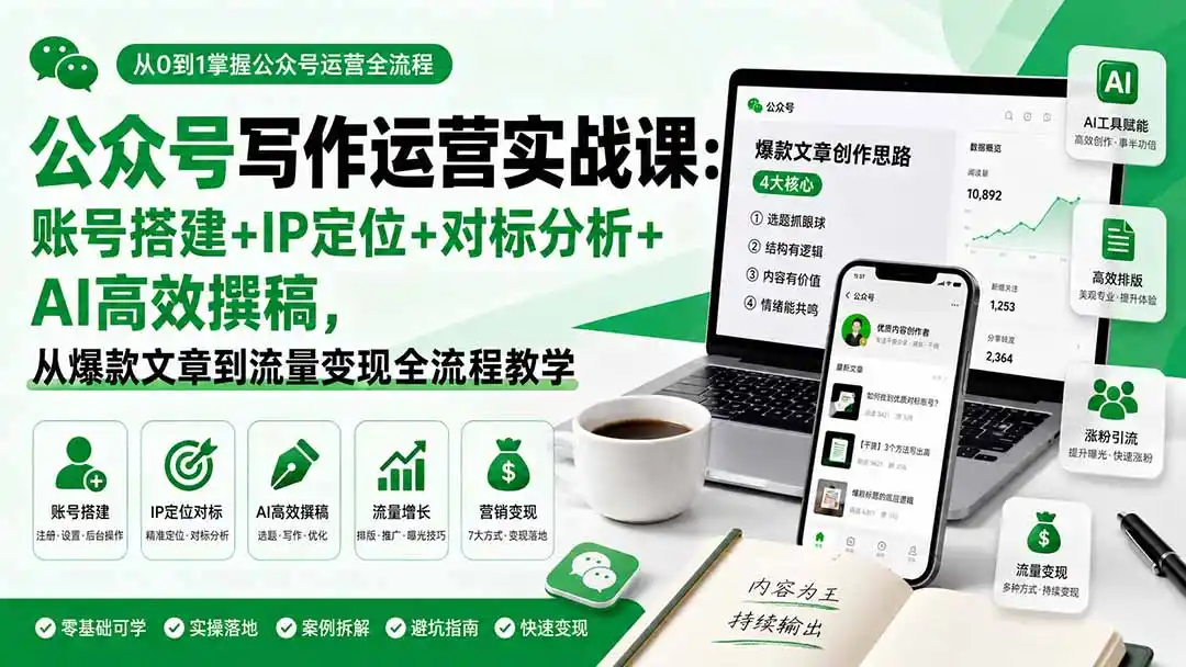 公众号写作运营实战课:账号搭建+IP定位+对标分析+AI高效撰稿,从爆款文章到流量变现全流程教学-云网创
