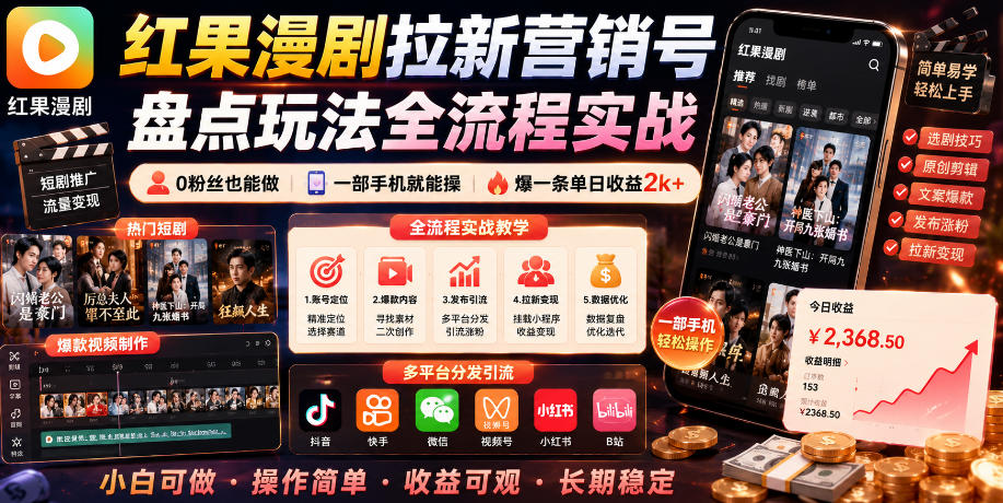 红果漫剧拉新营销号盘点玩法全流程实战，0粉丝也能做，一部手机就能做，爆一条单日收益2k+(更新0628)-云网创