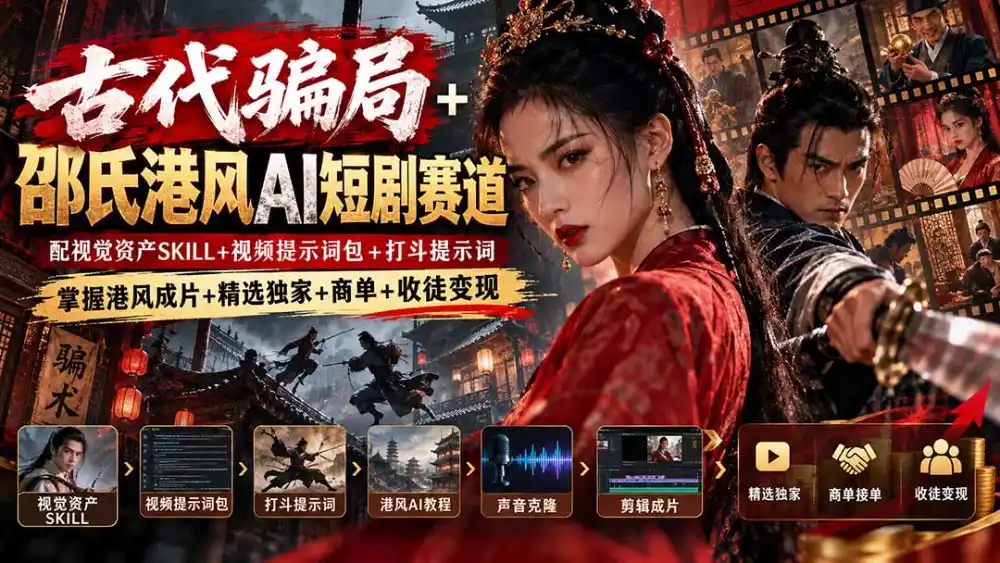 古代骗局+邵氏港风AI短剧赛道:配视觉资产SKILL+视频提示词包+打斗提示词,掌握港风成片+精选独家+商单+收徒变现-云网创