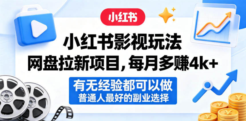 小红书影视玩法网盘拉新项目，每月多賺4k+，有无经验都可以做，普通人最好的副业选择-云网创