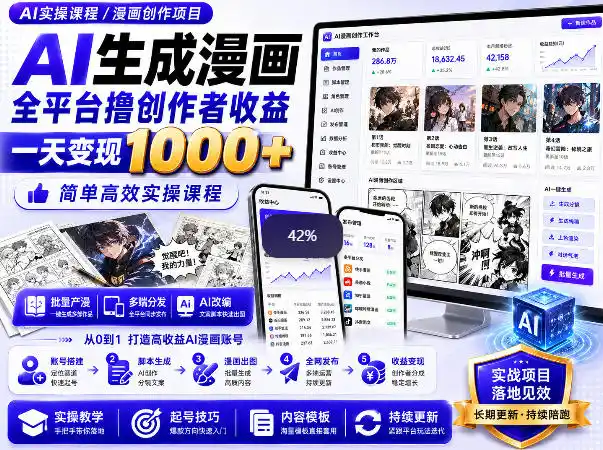 AI生成漫画全平台撸创作者收益内部课程，实操最高单日变现1k+-云网创