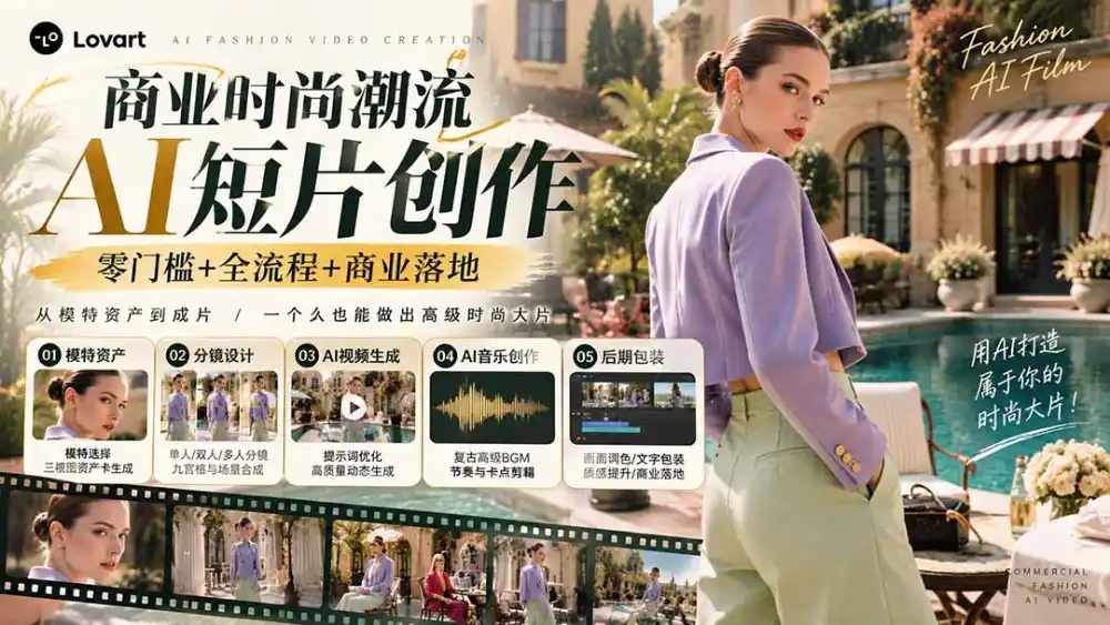 从一张模特图到高级时尚广告大片：AI三视图资产、场景合成、电影分镜、动态生成与复古音乐剪辑实战课-云网创