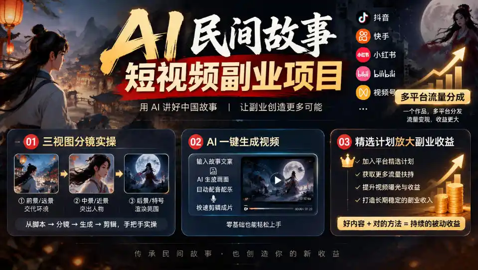 AI民间故事短视频副业项目，多平台流量分成，三视图分镜实操，精选计划放大副业收益-云网创