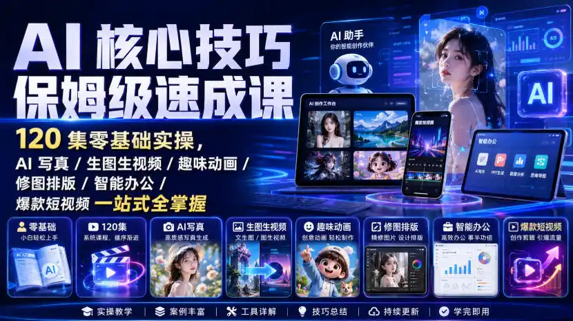 AI核心技巧保姆级速成课|120集零基础实操,AI写真/生图生视频/趣味动画/修图排版/智能办公/爆款短视频一站式全掌握-云网创