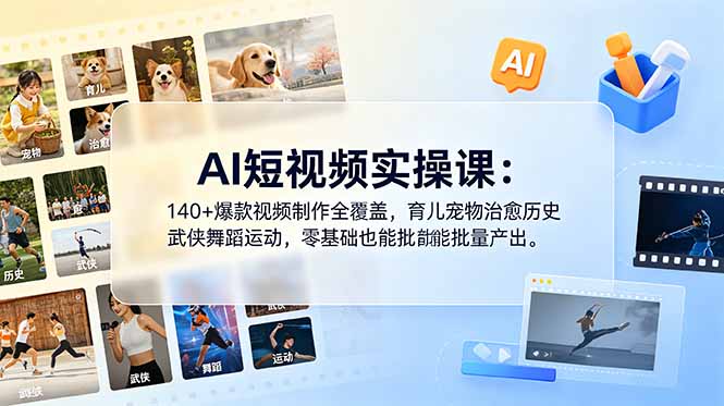 AI短视频实操课：140+爆款视频制作全覆盖，育儿宠物治愈历史武侠舞蹈运动，零基础也能批量产出-云网创