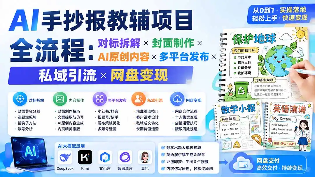 AI手抄报教辅项目全流程：对标拆解×封面制作×AI原创内容×多平台发布×私域引流×网盘变现-云网创